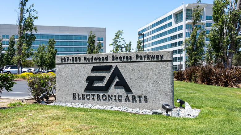 Electronic Arts sign on Redwood Shores Parkway shows EA logo and lettermark