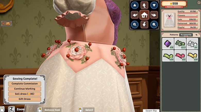 A close-up of a dress with pins in the game Dressmaker.