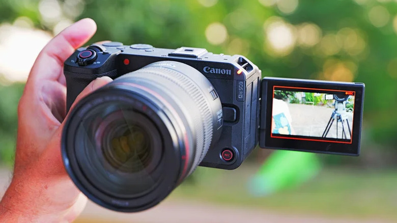 Canon EOS R6 V is shown from the front with the display extended.