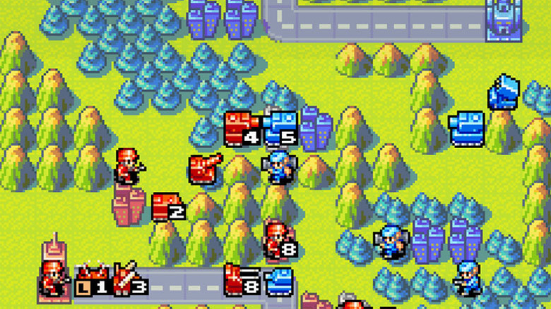 Two opposing armies face off in Advance Wars.
