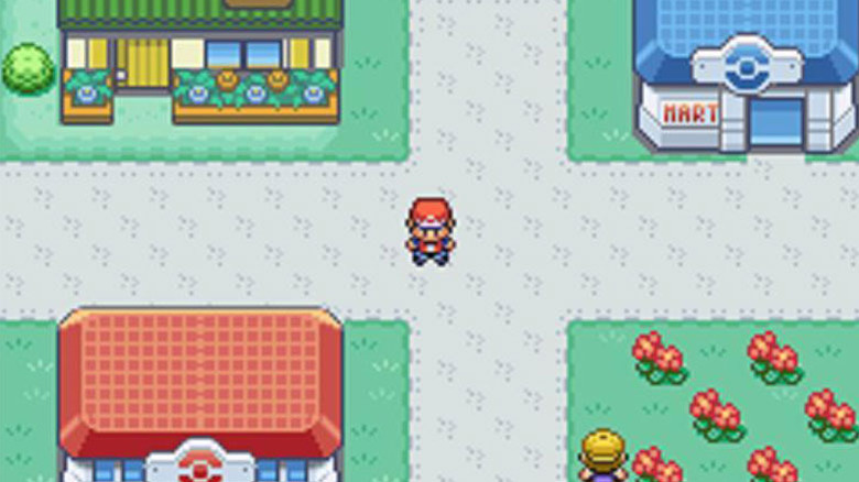 Red, the protagonist of FireRed and LeafGreen, stands in the center of Viridian Town.