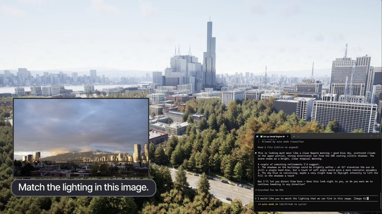 Screenshot from a demo of a developer using Claude Code in Unreal Engine. They asked the gen AI tool to replicate the lighting from an image of a city and sky.