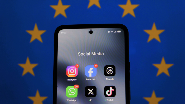 Social media apps like TikTok, X, Instagram and Facebook are shown on a phone screen with the European flag in background