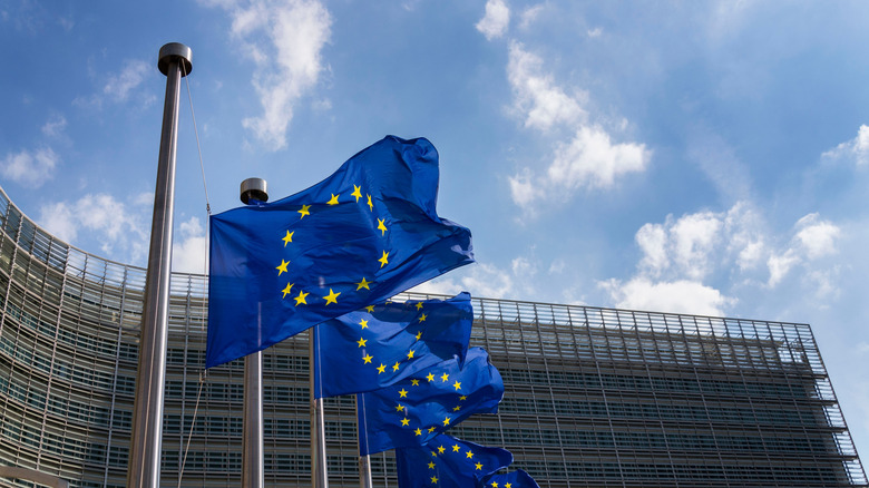 EU flags flying in front of the EU parliament buildings