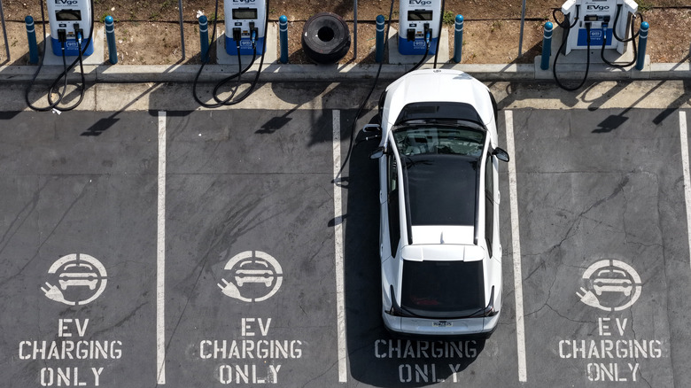 Electric car plugged into charging station