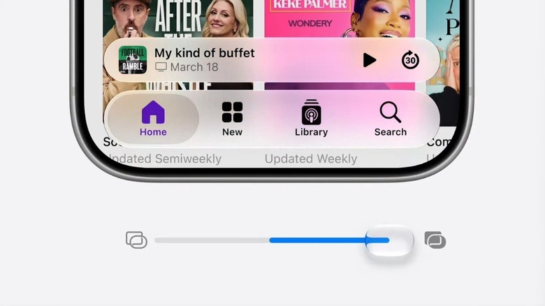An iPhone with a render of a slider to adjust the opacity of the Liquid Glass design in iOS 28