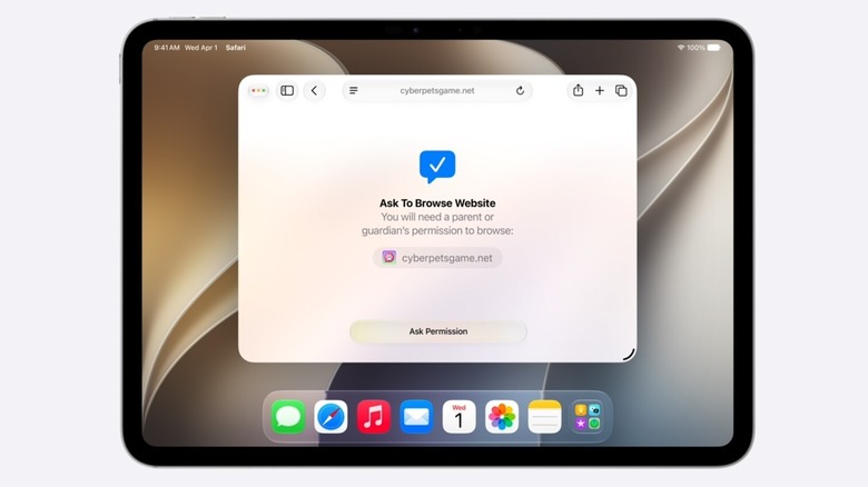 Screenshot of an iPad with a prompt for a child to ask their parent permission to access a certain website.