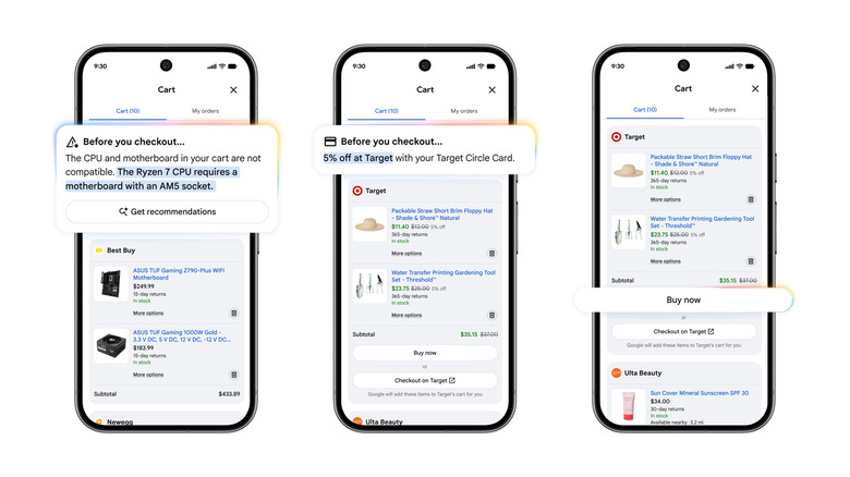 Screenshots of Google's Universal Cart for shopping