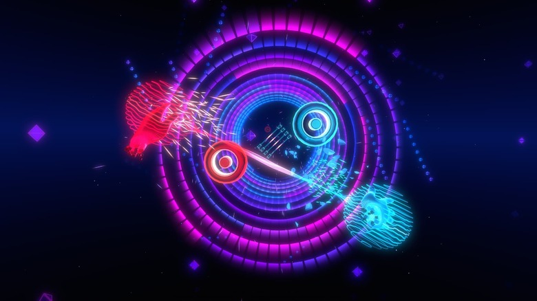 A screenshot from Beat Saber, showing a beam between two hands.