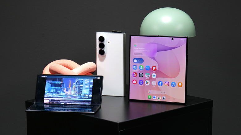 Galaxy Z Fold 8 Ultra foldable smartphone in various orientations.