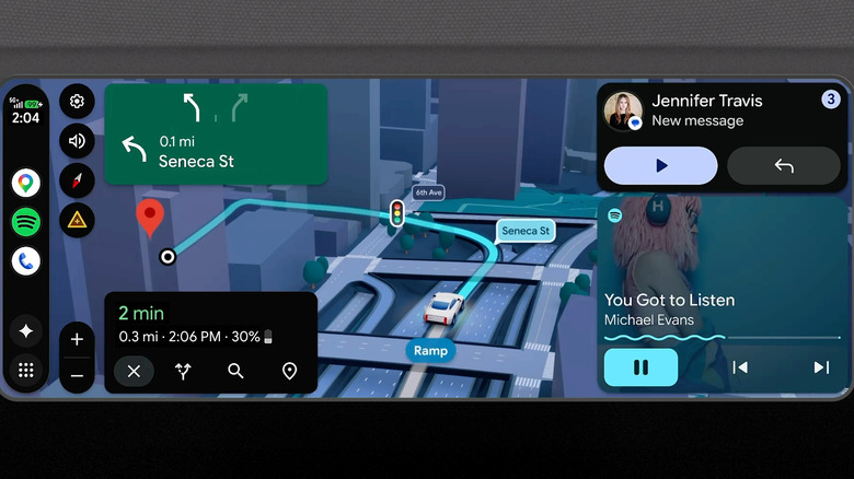 The redesigned Android Auto, featuring a 3D view in Google Maps, a message notification and a music mini-player.
