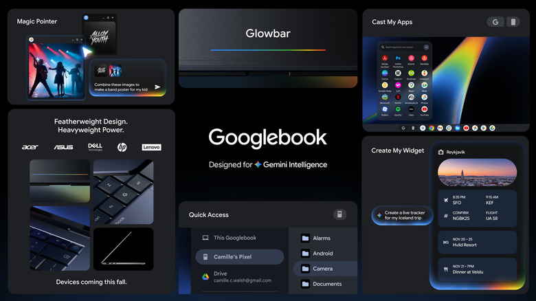 An infographic detailing Googlebook laptop features, including the hardware design and Gemini Intelligence AI tools