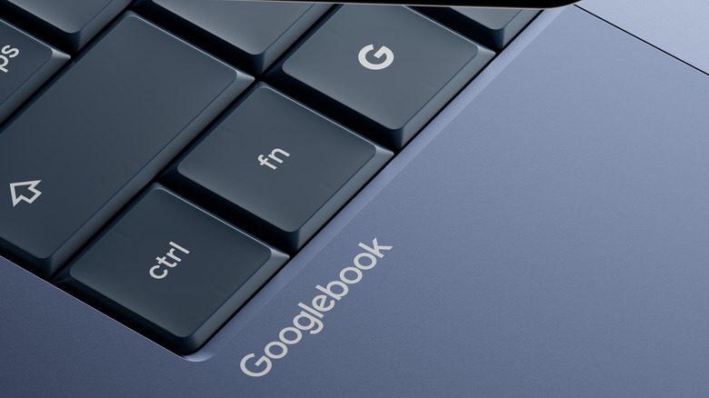 A Googlebook logo and Control, Shift, Function and Google keys on the keyboard