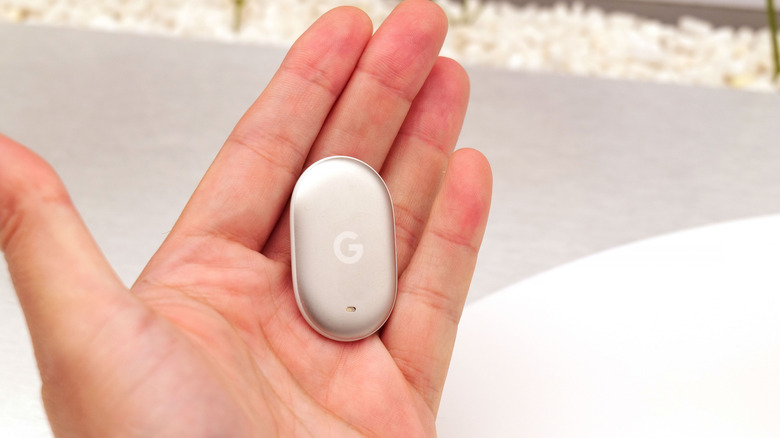 An oval device with a "G" logo in a person's hand.