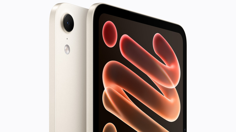 Apple's new iPad mini in a new starlight color, shown from the front and back.