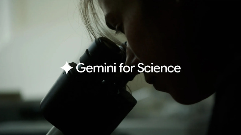 The words "Gemini for Science' on top of a picture of a person peering into a microscope.