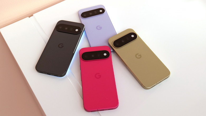 Google Pixel 11 phones in black, light purple, pink and gold.
