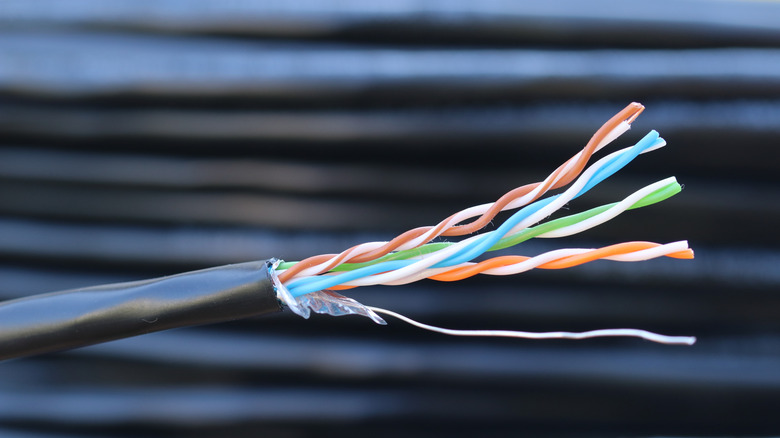 Cutaway Ethernet cable exposing colored twisted wire pairs.