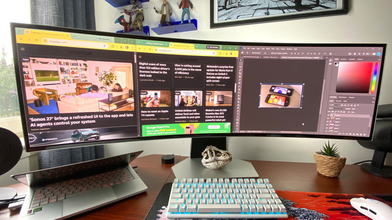 A Samsung Odyssey G9 OLED monitor displaying multiple Google Chrome windows and Photoshop.