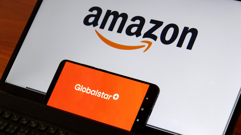 Globalstar's white on orange logo is shown against Amazon's smile wordmark logo.