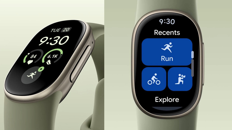 Two renderings of the Fitbit Edge 3 showing the home screen and the recent activity screens.
