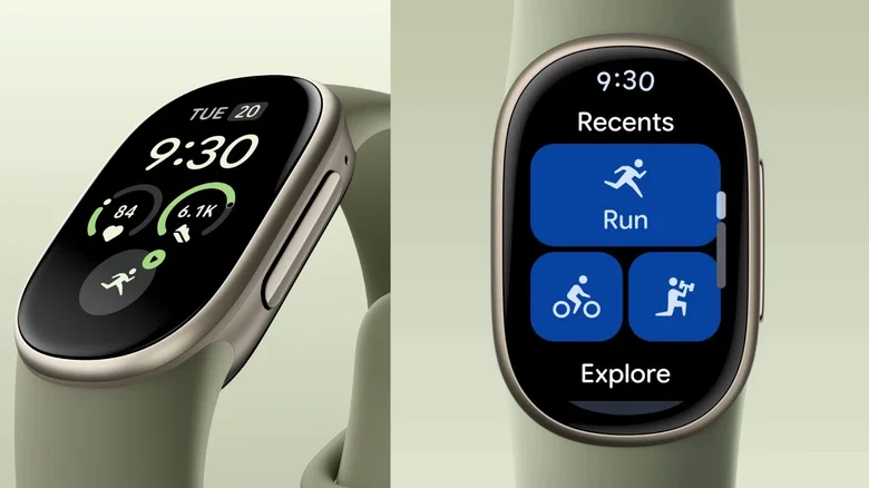 Two renderings of the Fitbit Edge 3 showing the home screen and the recent activity screens.