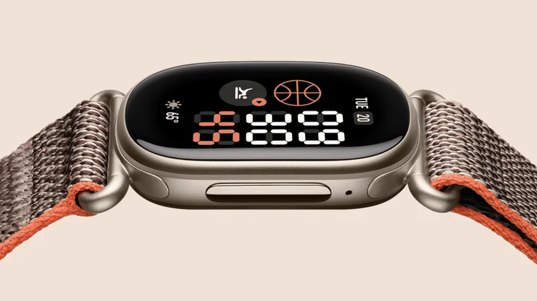 Image of Stephen Curry edition of the Fitbit Edge, with pale gold aluminum case and braided fabric strap.