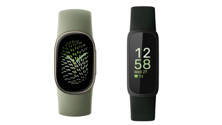 Side-by-side renderings of the Fitbit Edge and Inspire 3 next to each other showing them from top-down view.