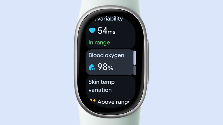 Rendering of Fitbit Edge wearable showing heart rate variability, blood oxygen level, and skin temperature variation.