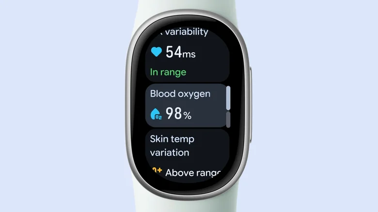 Rendering of Fitbit Edge wearable showing heart rate variability, blood oxygen level, and skin temperature variation.