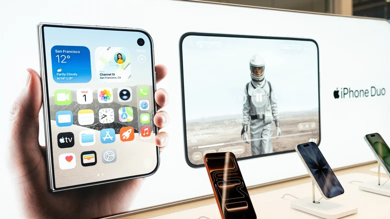 An iPhone Duo banner inside an Apple Store.