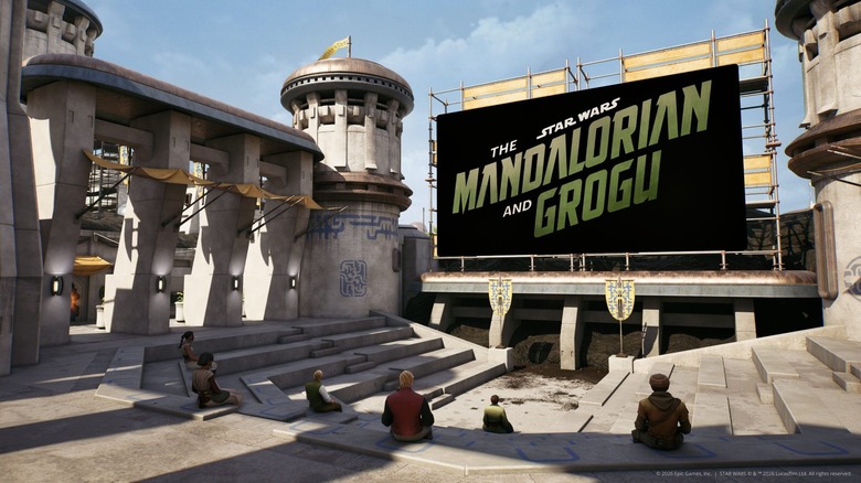 A still from Fortnite showing the Watch Party Island with the title text for The Mandalorian and Grogu on a large screen