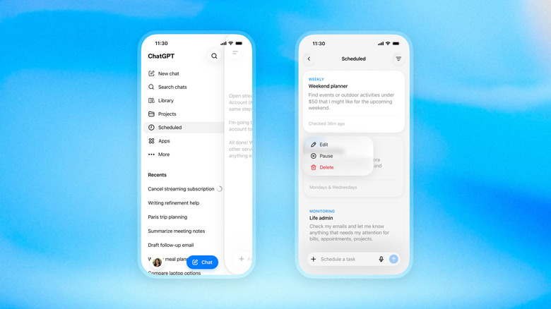 Two screenshots showing how to access ChatGPT's scheduled tasks menu.