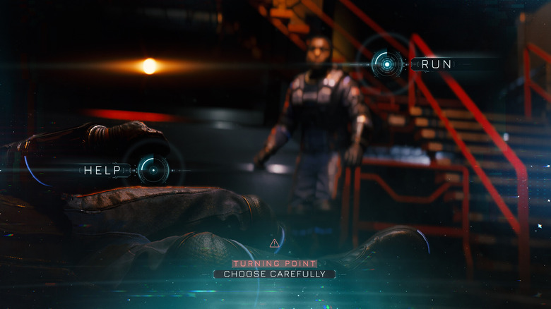 A figure lies prone in the foreground as a person who is out-of-focus looks on. Overlaid text reads. "Turning point, choose carefully. Run. Help."