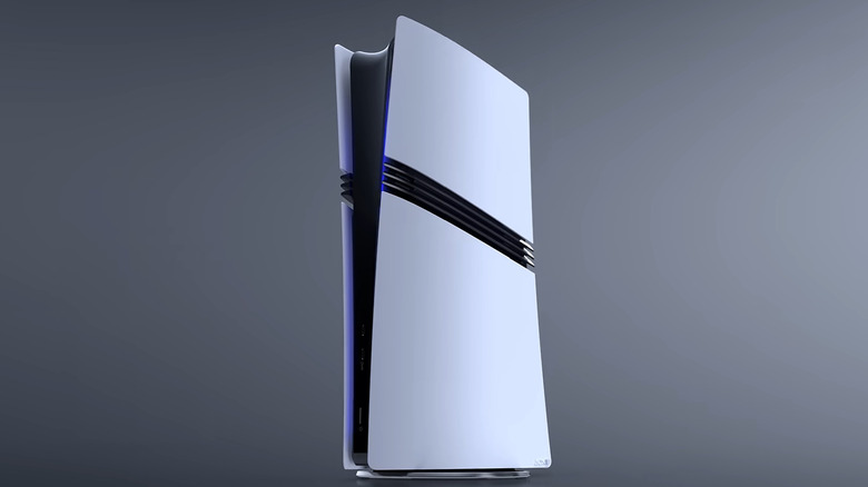 A slick white PS5 Pro with blue lights glows against a dark grey background.
