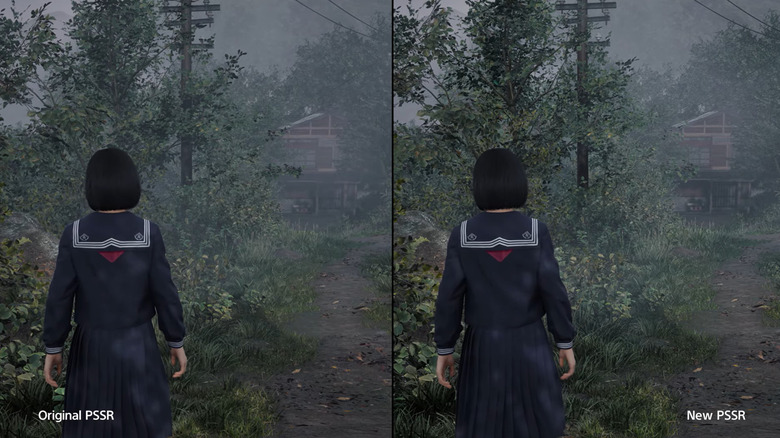 A split screen shows a woman from behind in a dark wood, where a house sits in the background. The image on the right is brighter due to PlayStation's New PSSR AI enhancement.