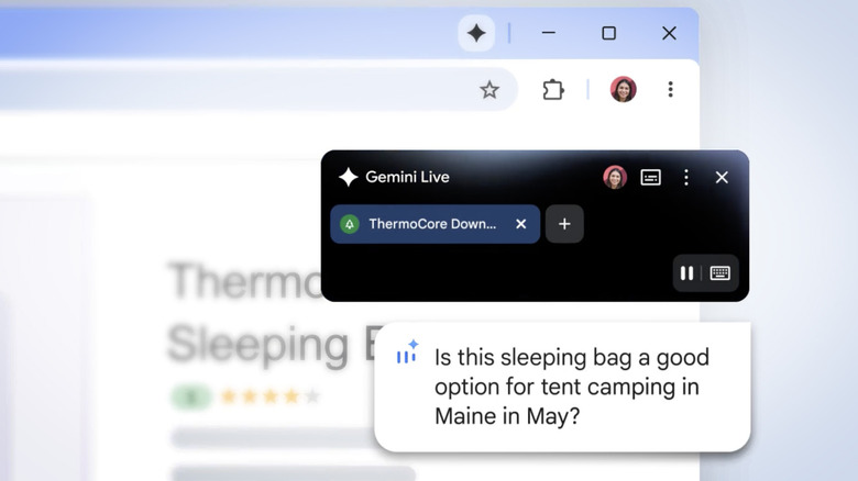 Screen capture of Gemini Live feature in Chrome with user asking about a sleeping bag