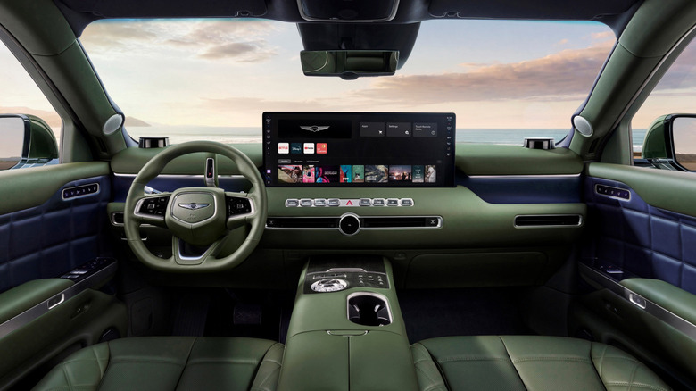 Genesis GV90 NeoLun interior in green leather showing huge infotaintment display