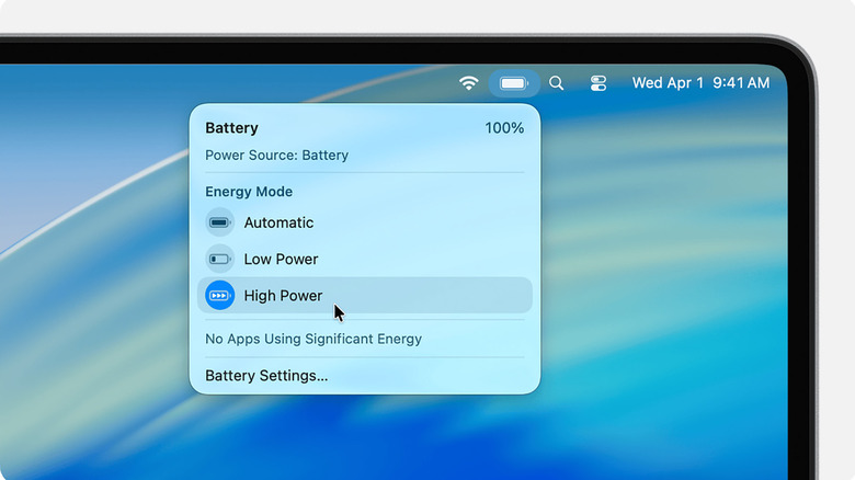 The Battery menu bar drop-down on macOS.