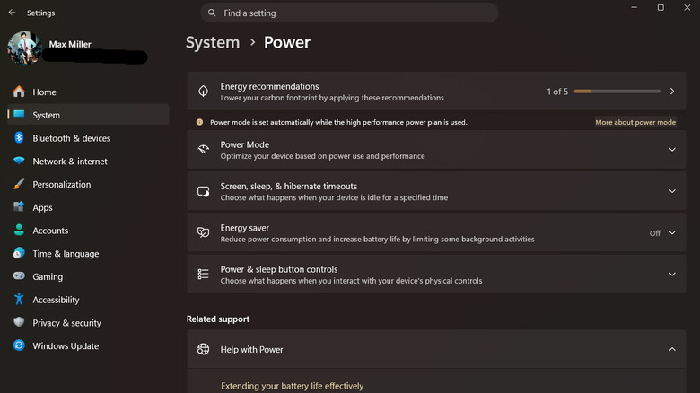 The Power Settings panel on Windows 11.