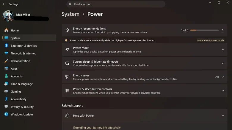 The Power Settings panel on Windows 11.