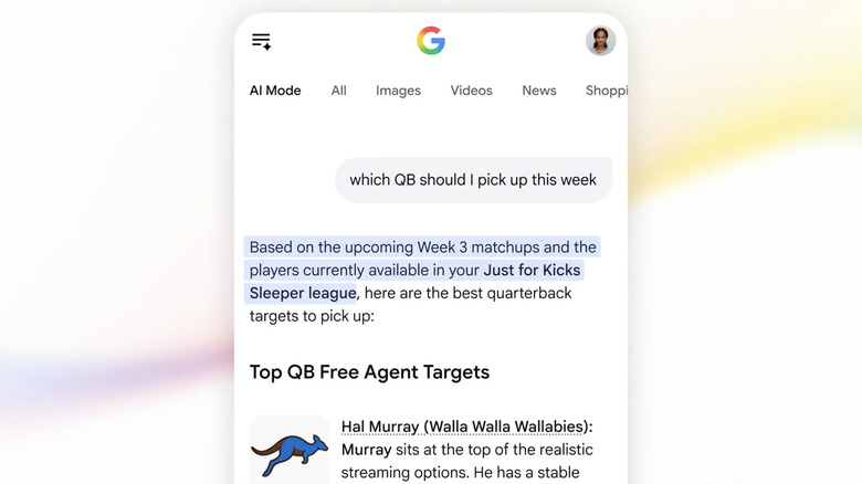 AI Mode answering questions about fantasy football.