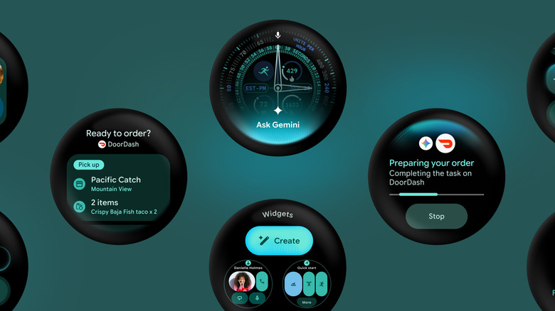 Multiple circular screenshots of new features coming to Wear OS 7, like task automation and custom widgets.