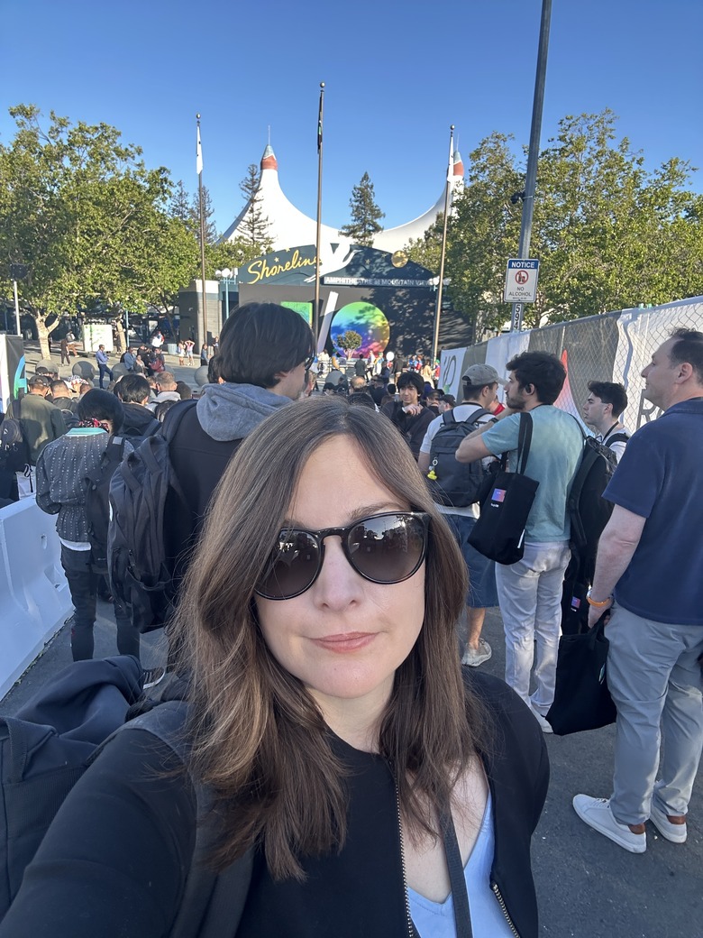 Engadget reporter Karissa Bell standing outside Shoreline Amphitheater at Google IO 2026