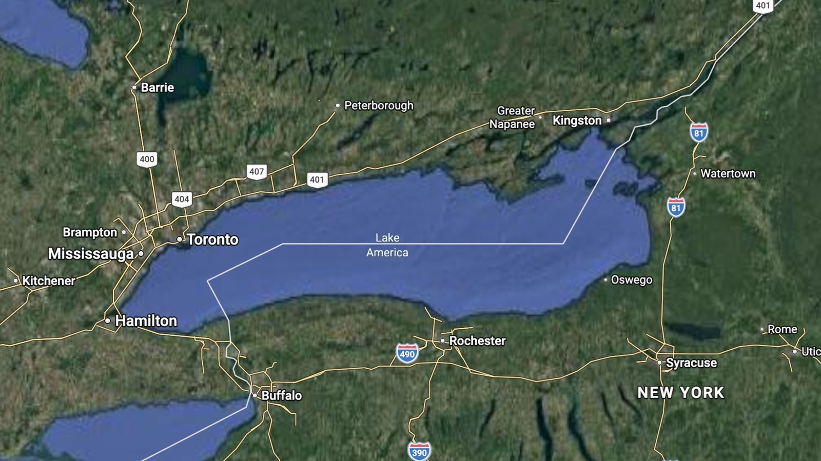 Google Maps has changed Lake Ontario to Lake America for US users