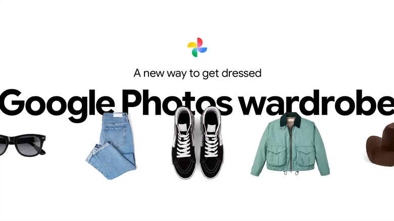 Google Photos Wardrobe typeface, with clothing item thumbnails lined in a row