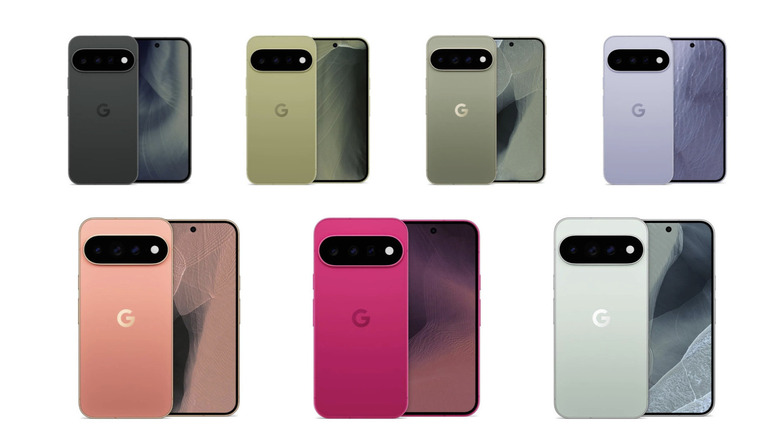 Seven different finishes of the Pixel 11 series arranged in two rows