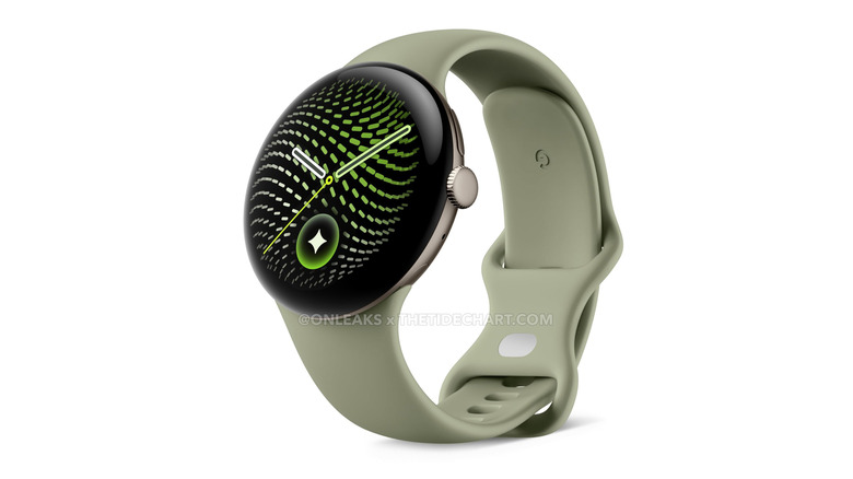 Leaked (official-looking) render of the Pixel Watch 5 (gold case, sage green band)