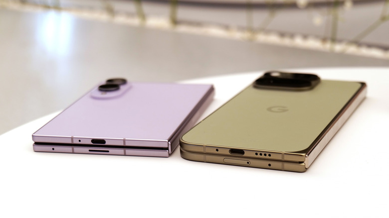The thickness of the Pixel 11 Pro Fold (right) compared to the base Galaxy Z Fold 8 (left).
