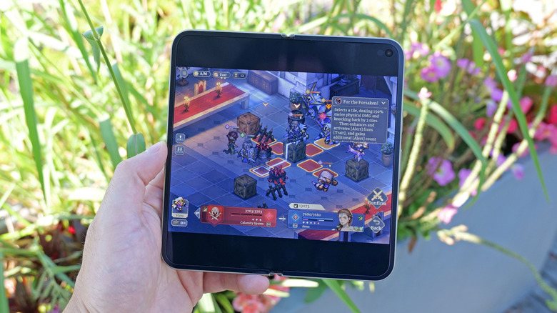 Playing Sword of Convallaria on the Pixel 11 Pro Fold.